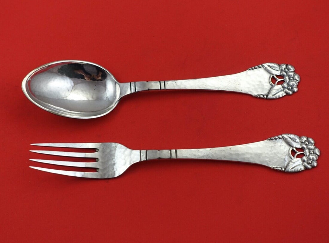 Danish Sterling Silver 2-Piece Child Set with 3-D Flowers 7 Inch: Danish Sterling Silver 2-Piece Child Set with 3-D Flowers 7 Inch This charming 2-piece child set in the Danish Sterling pattern showcases exquisite craftsmanship by various makers. The set features a 