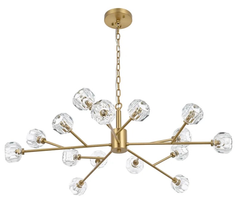 Graham 15 Light Crystal Iron Pendant 42 in Gold: Graham 15 Light Crystal Iron Pendant 42 in Gold Modern 15-light crystal and iron pendant chandelier with a gold finish and clear crystal shades. It is hardwired, ETL safety rated, and designed for ind