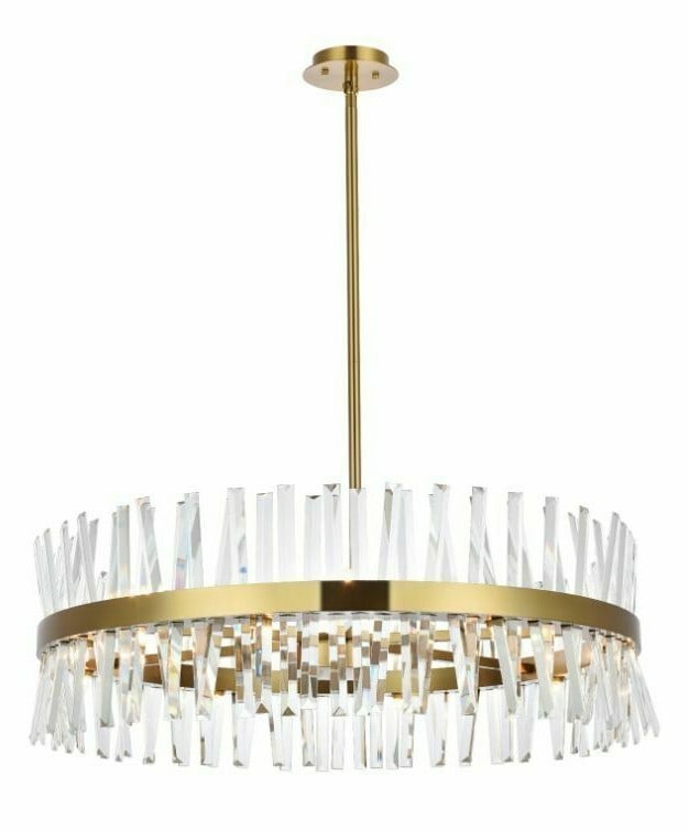 Serephina 16 Light Crystal Chandelier Satin Gold 36 in: Serephina 16 Light Crystal Chandelier Satin Gold 36 in Modern 16-light chandelier with a satin gold finish and clear Royal Cut crystal accents. It is hardwired, ETL rated, and height-adjustable, with 