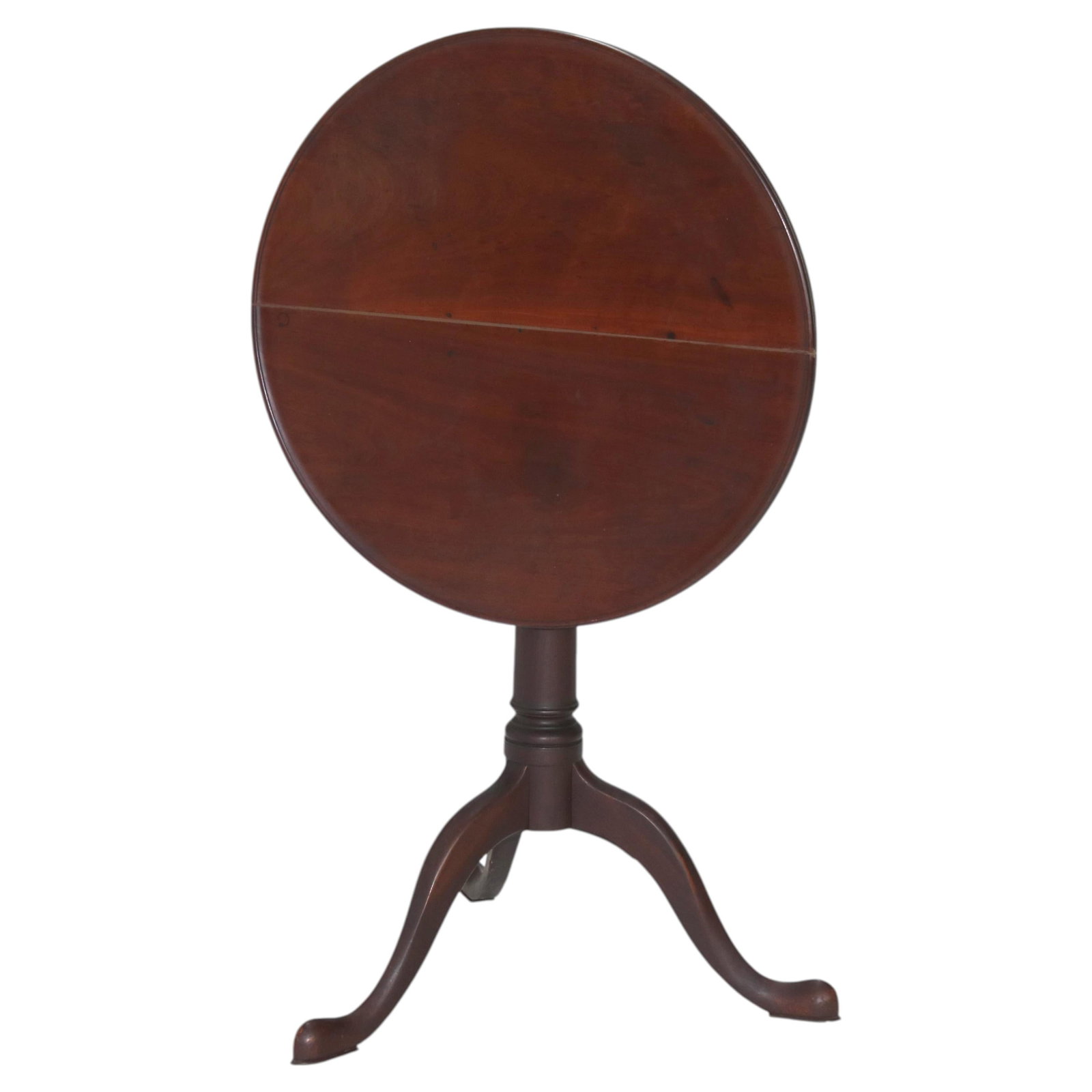 Circa 1780 Queen Anne bird cage tilt top mahogany table: Circa 1780 Queen Anne bird cage tilt top mahogany table Antique Queen Anne mahogany dish top tilt top table with bird cage construction, dating to circa 1780. It features a round top and three-legged 
