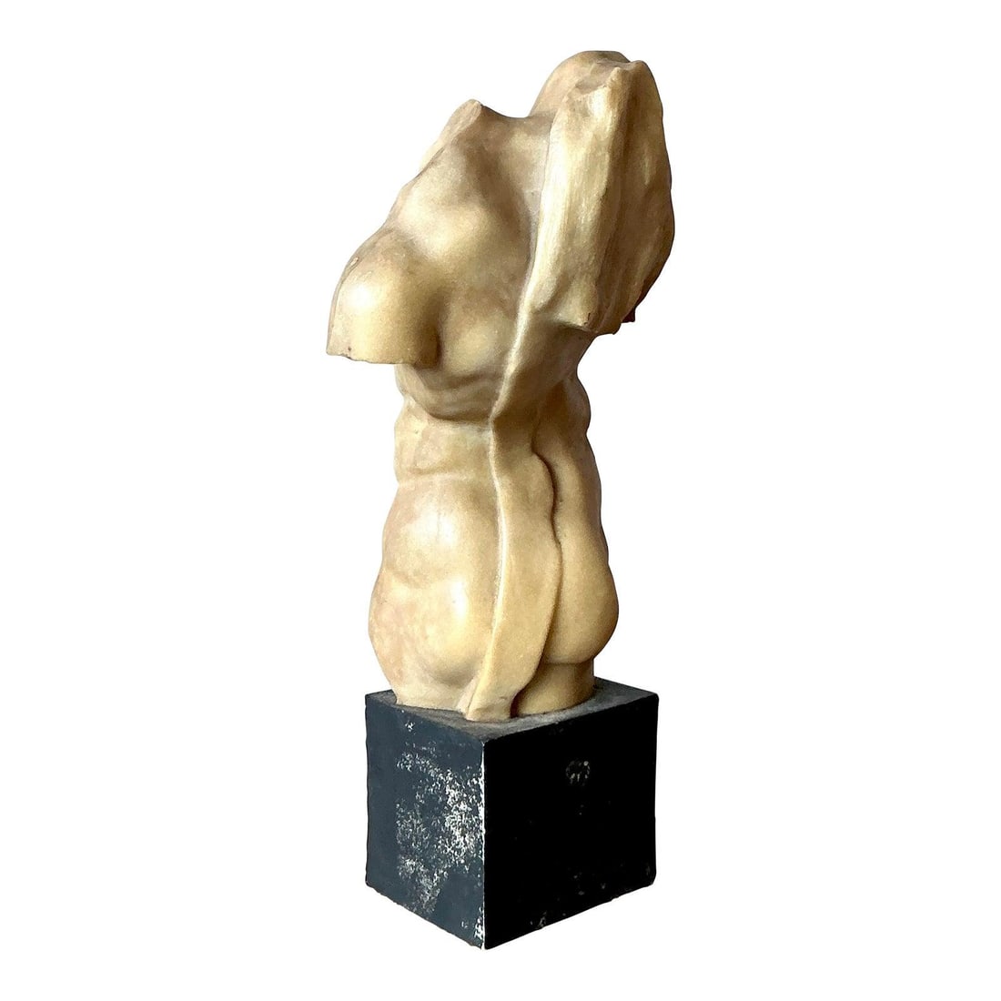 Resin Male Torso Figure on Black Base in Classical Style: Resin Male Torso Figure on Black Base in Classical Style This vintage sculpture features a modernist interpretation of the classical male torso, reminiscent of Greek and Roman statuary. Expertly cast 