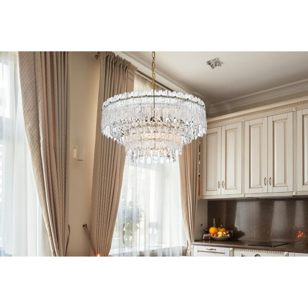 Elegant Emilia 6-Light Crystal Chandelier Satin Gold 21-Inch Fixture: Elegant Emilia 6-Light Crystal Chandelier Satin Gold 21-Inch Fixture Illuminate your space with this exquisite 21-inch Satin Gold Crystal Chandelier, designed to enhance your living dining room, foyer