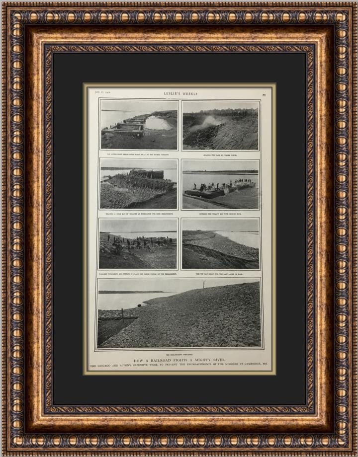 Framed Leslie's Weekly railroad river engineering newsprint 1900s (1 of 2)