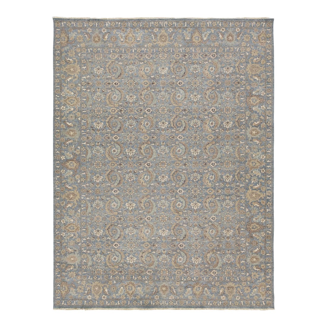 Handmade Floral Gray Indian Wool Rug 9' x 11'9' Artisan Collection: Handmade Floral Gray Indian Wool Rug 9' x 11'9' Artisan Collection Experience elegance with this handmade floral Indian wool rug from the Artisan Collection. This unique piece reimagines the antique a