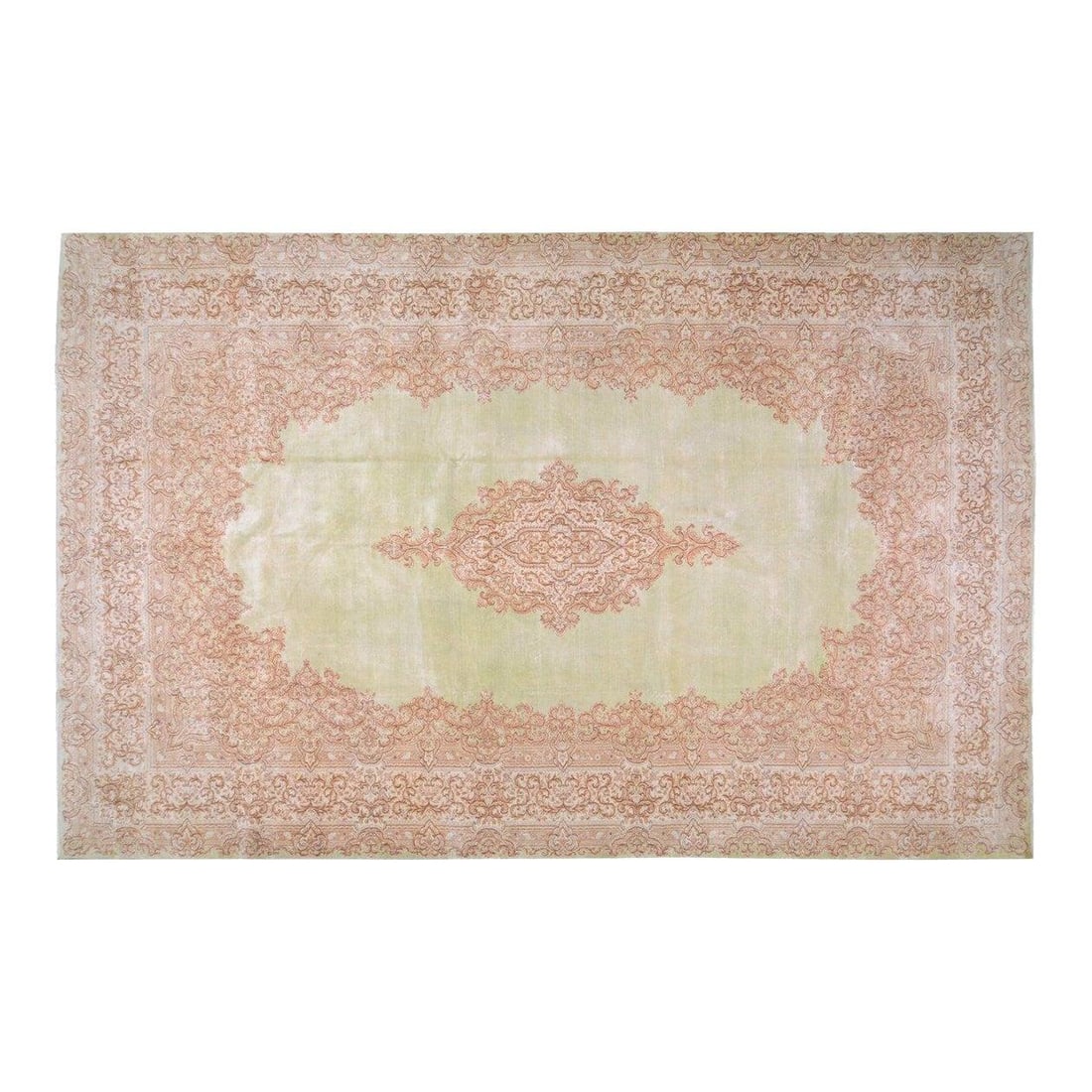 Green Wool Anatolian Turkish Rug 10'9x17: Green Wool Anatolian Turkish Rug 10'9x17 This vintage Turkish Anatolian rug is hand-knotted from wool using traditional techniques, offering a blend of classic craftsmanship and modern design sensibil
