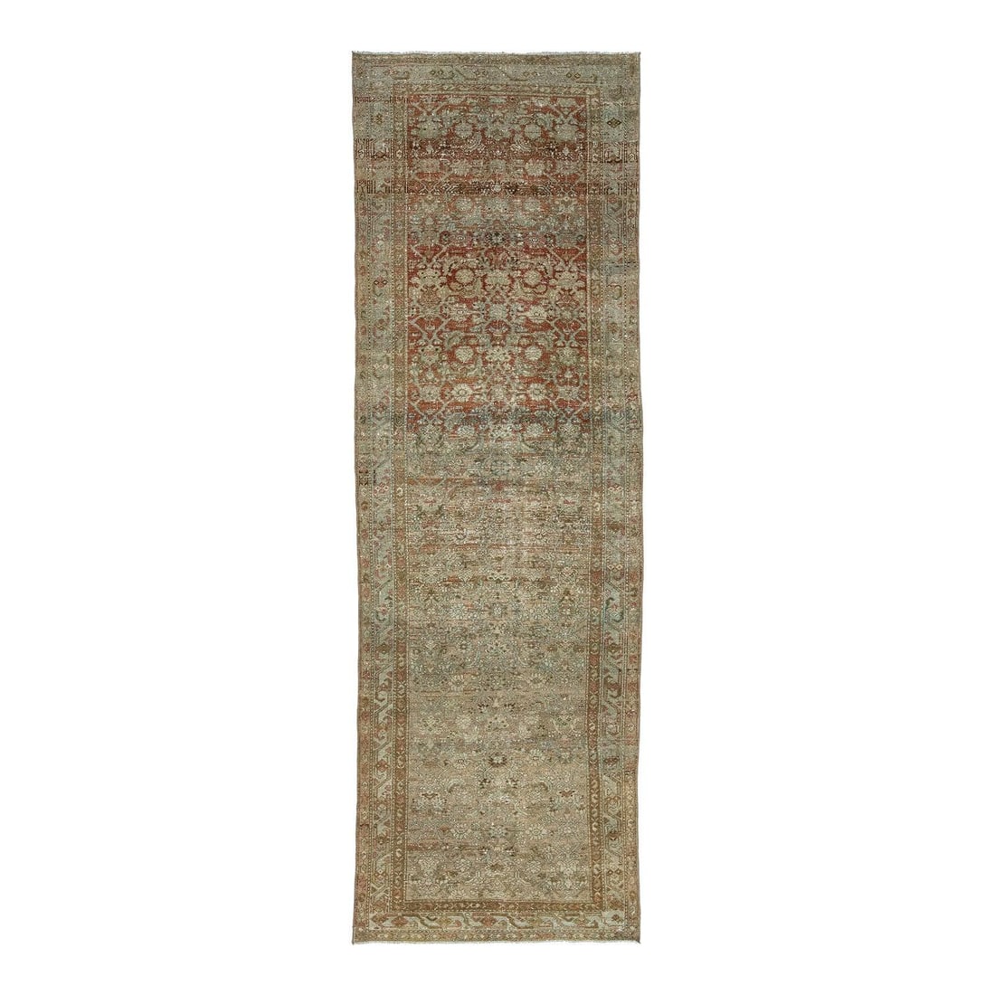 3'1" x 9'8" Antique Wool Malayer Runner Rug Terracotta Sage: 3'1" x 9'8" Antique Wool Malayer Runner Rug Terracotta Sage An antique Malayer runner rug with a beautifully weathered look, featuring a distressed palette of muted terracotta, soft sage green, and ea