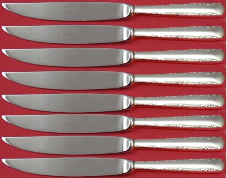 Gorham Camellia Sterling Silver 8pc Steak Knife Set Not Serrated: Gorham Camellia Sterling Silver 8pc Steak Knife Set Not Serrated Enhance your dining experience with this exquisite 8-piece steak knife set from Gorham, featuring the elegant Camellia pattern. Crafted