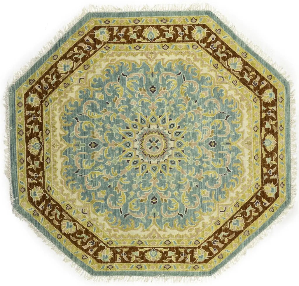Octagonal Oushak Wool Rug Teal and Rust Floral Hand-Knotted 5'10 x 6'3: Octagonal Oushak Wool Rug Teal and Rust Floral Hand-Knotted 5'10 x 6'3 This hand-knotted octagon Oushak area rug features a modern floral pattern in muted teal, rust, gold, light salmon, and brown ton