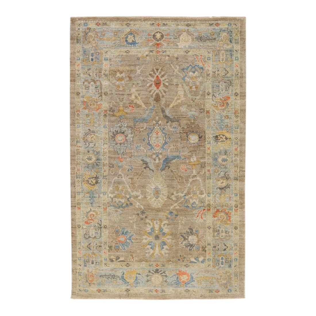 Handmade Wool Rug with Floral Patterns in Brown 6'3 x 10'3: Handmade Wool Rug with Floral Patterns in Brown 6'3 x 10'3 This handwoven Sultanabad wool rug features a classic central medallion with intricate floral and geometric patterns. The muted palette of be