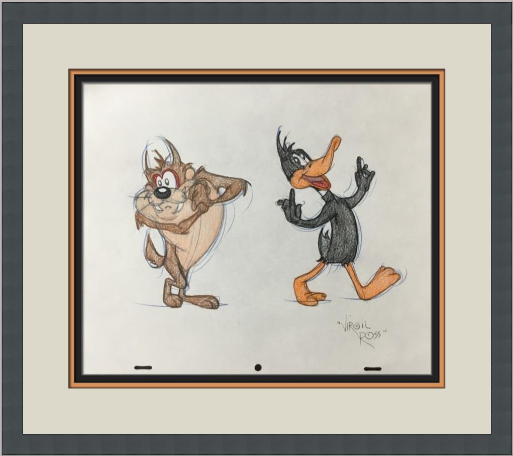 Virgil Ross Signed Taz Daffy Duck Model Sheet Original Framed Art: Virgil Ross Signed Taz Daffy Duck Model Sheet Original Framed Art This original model sheet drawing features the iconic characters Taz and Daffy Duck from the beloved Looney Tunes franchise. Created b