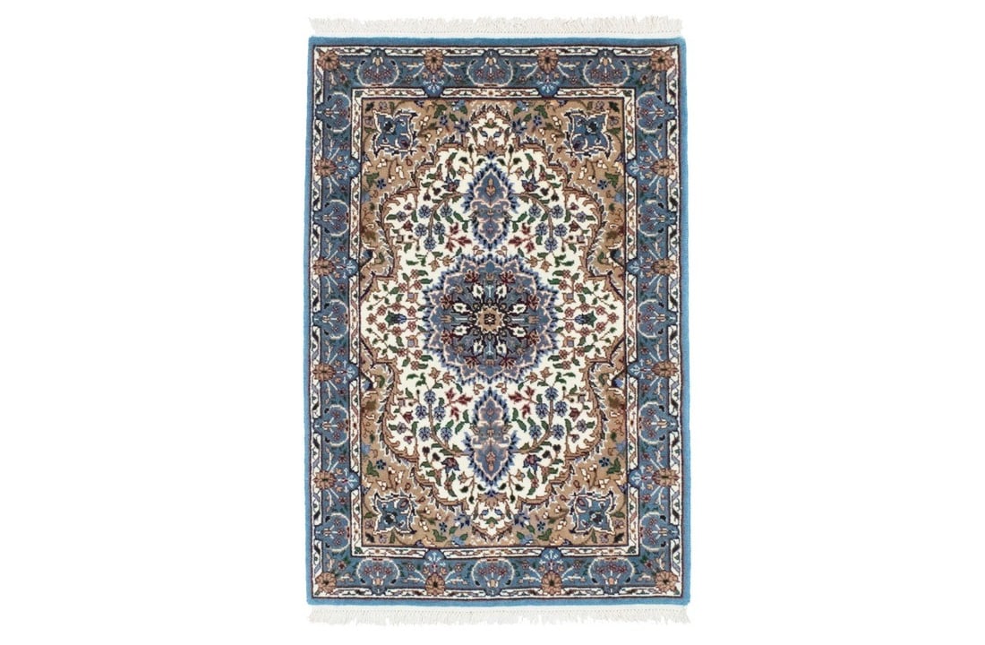 Cream Wool Kirman Design Hand-Knotted Floral Rug 2'7 x 3'10: Cream Wool Kirman Design Hand-Knotted Floral Rug 2'7 x 3'10 This hand-knotted Kirman floral oriental area rug features a cream background with accents of teal, blue, tan, rusty pink, green, red, and k
