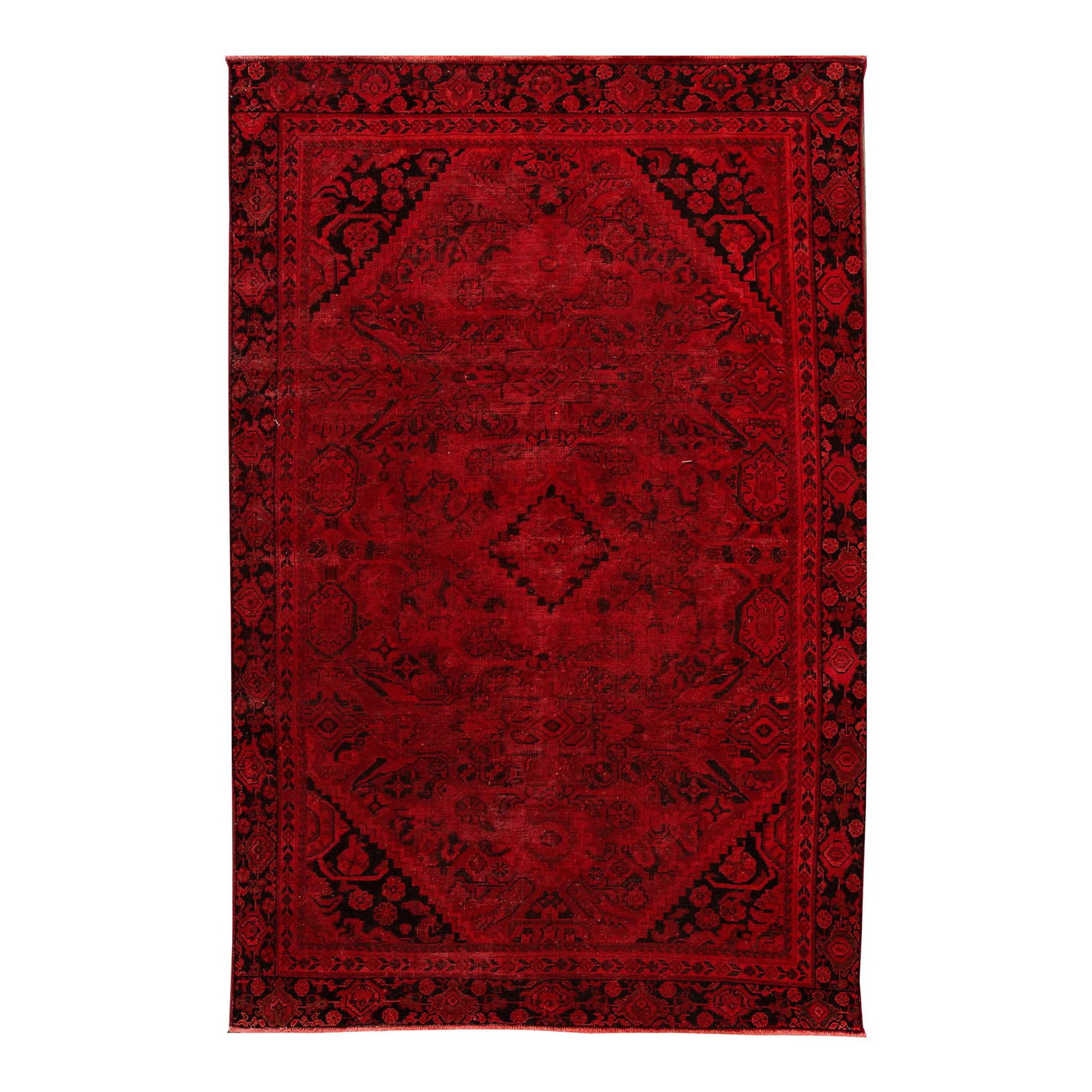 Vintage Turkish Overdyed Floral Wool Rug 6'8 x 10'3 Red: Vintage Turkish Overdyed Floral Wool Rug 6'8 x 10'3 Red This exquisite Vintage Turkish Overdyed Handmade Rug features a stunning bright red field adorned with black accents, showcasing a beautiful cen