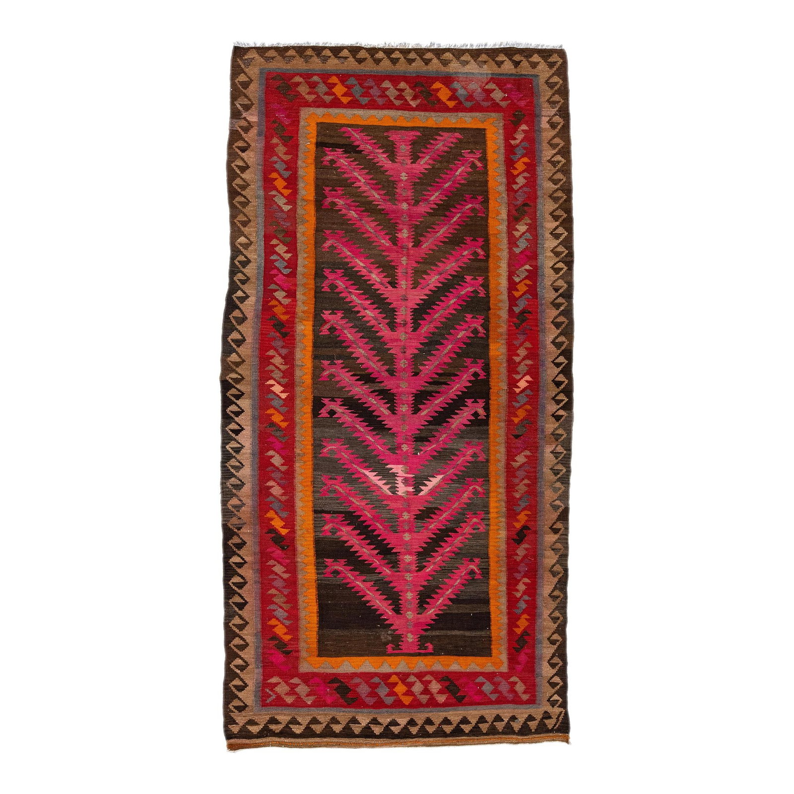 Vintage Turkish Kilim Pink Tribal Wool Rug 5'7 x 11'3: Vintage Turkish Kilim Pink Tribal Wool Rug 5'7 x 11'3 Discover the charm of this stunning vintage Turkish Kilim rug, expertly hand-knotted from high-quality wool. Featuring a vibrant pink field, this 