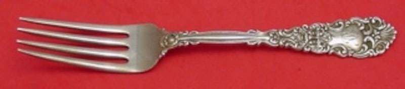 Sterling Silver Dinner Fork Dominick and Haff Renaissance 7 3/4": Sterling Silver Dinner Fork Dominick and Haff Renaissance 7 3/4" Sterling silver dinner fork in the Renaissance pattern by Dominick & Haff. It is monogrammed, with monos varying, and is in excellent p