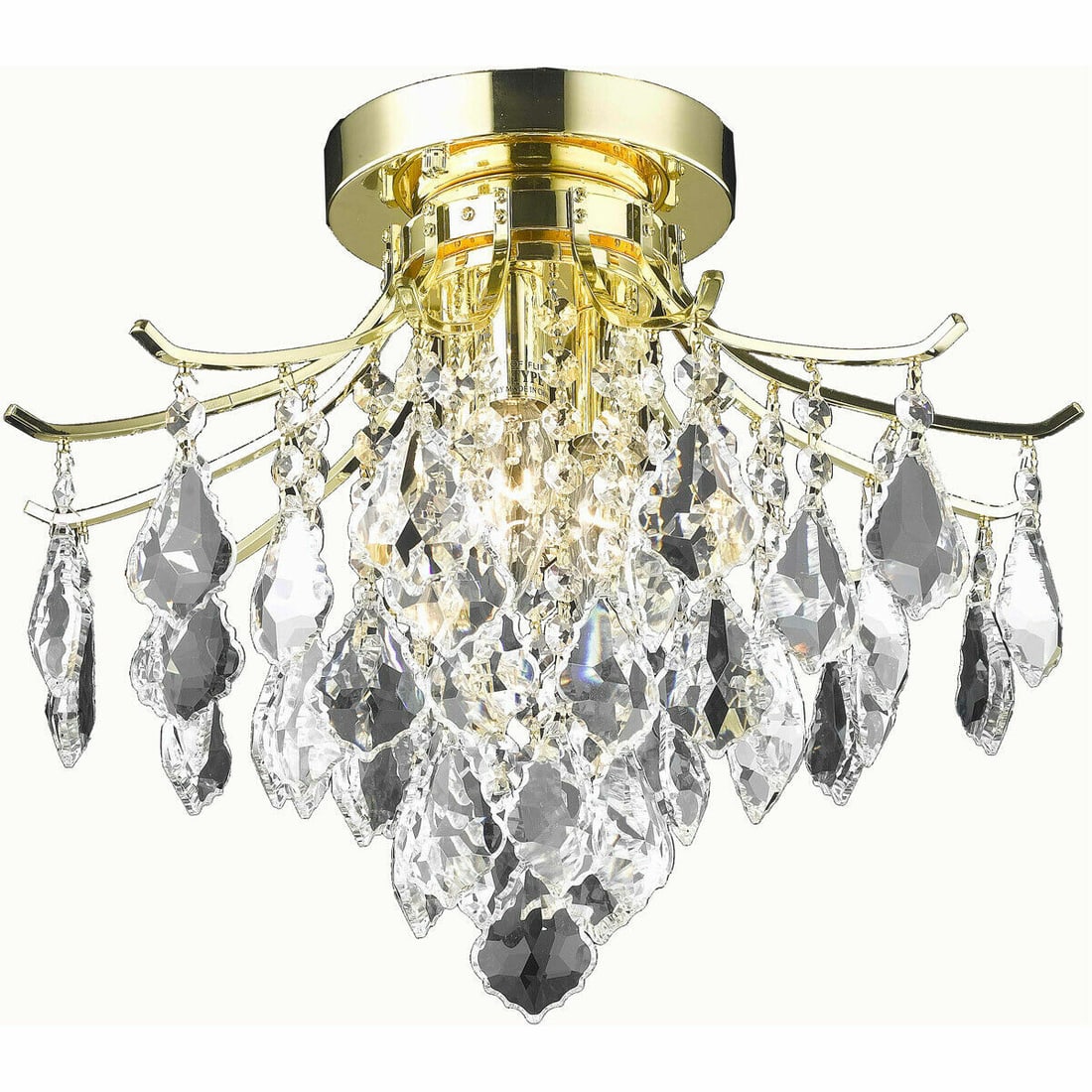 Amelia 3 Light Gold Flush Mount Crystal Chandelier 16 inch: Amelia 3 Light Gold Flush Mount Crystal Chandelier 16 inch This modern semi flush mount chandelier features a gold-plated finish and is adorned with high-quality French pendant royal cut crystals. Des