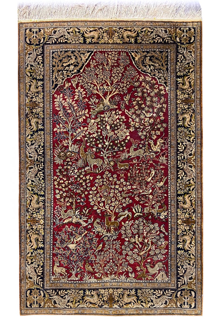 3.6 x 5.4 Persian Silk Qom Rug Tree of Life Wildlife: 3.6 x 5.4 Persian Silk Qom Rug Tree of Life Wildlife Free continental US Shipping Discover the elegance of this exquisite 3.6 x 5.4 Persian Silk Qom Rug featuring a stunning Tree of Life design, symbo