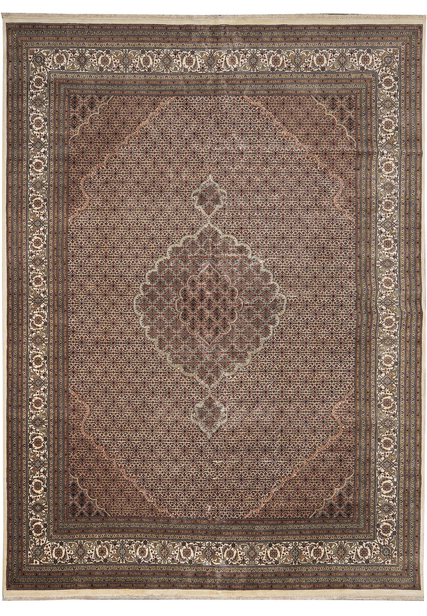 10 x 13.6 Wool and Silk Herati Mahi Tabriz Rug Hand-Knotted: 10 x 13.6 Wool and Silk Herati Mahi Tabriz Rug Hand-Knotted Free continental US Shipping This high quality Herati Mahi Tabriz rug is hand-knotted in Tabriz, Iran, and features a classic allover floral