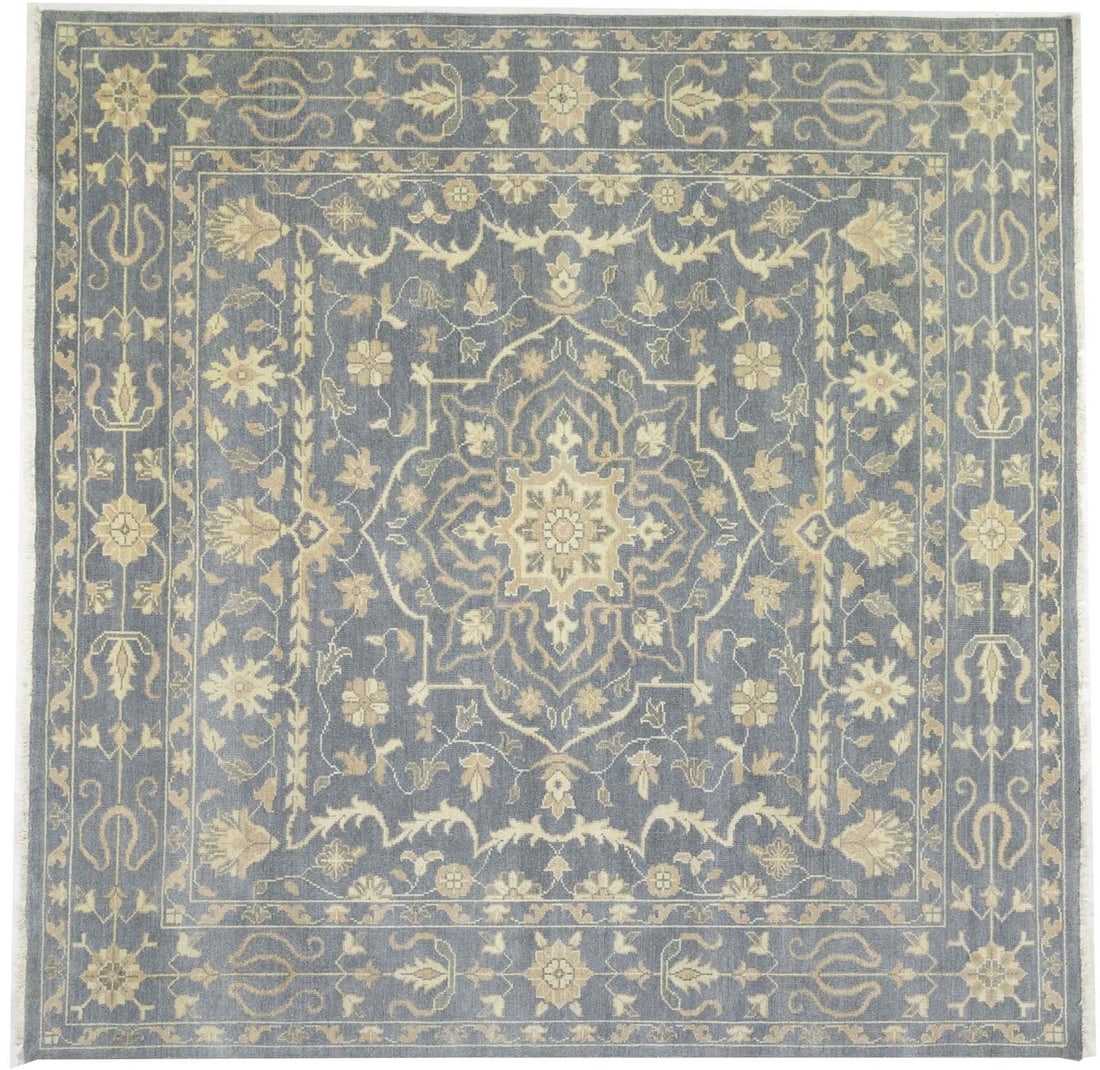 Floral Hand-Knotted Square Rug 9'9x9'10 Transitional Design: Floral Hand-Knotted Square Rug 9'9x9'10 Transitional Design Enhance your living space with this stunning square hand-knotted oriental rug, designed in a transitional floral style. Measuring 9'9" x 9'1