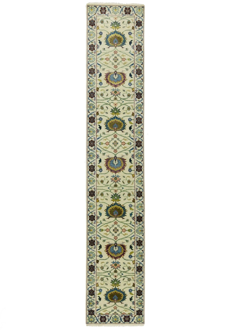 Handmade Floral Wool Runner 2'6 x 13'10 Cream Modern Rug: Handmade Floral Wool Runner 2'6 x 13'10 Cream Modern Rug Enhance your hallway or kitchen with this exquisite Handmade Runner Rug, featuring a beautiful floral pattern in cream, green, blue, pale yello