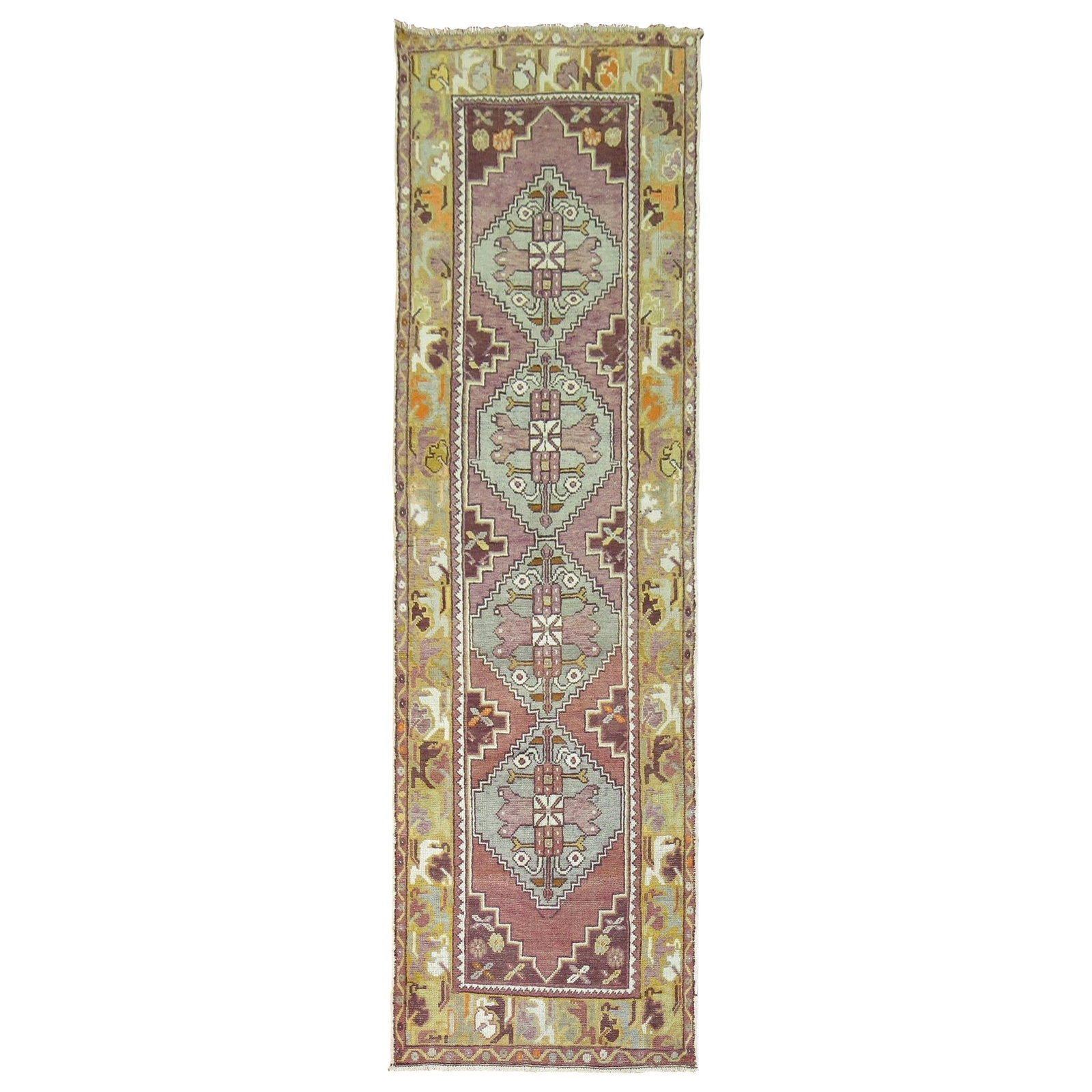 Mid-Century Oushak Wool Turkish Runner Purple Geometric 3 x 9'8: Mid-Century Oushak Wool Turkish Runner Purple Geometric 3 x 9'8 This exquisite mid-20th century wool Turkish runner features a striking geometric design set against a vibrant purple field. The runner 