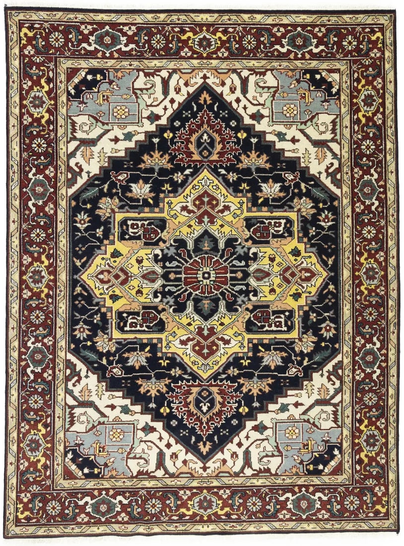 Hand-Knotted Wool Area Rug Geometric Heriz Serapi Design 8'10 x 11'10: Hand-Knotted Wool Area Rug Geometric Heriz Serapi Design 8'10 x 11'10 This handmade Heriz Serapi-style area rug features a geometric pattern in dark purple-navy, red, cream, pastel yellow, light salmo