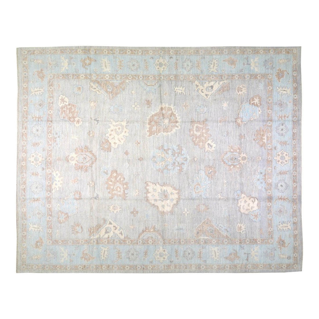 Light Gray Wool Oushak Rug with Floral Pattern 12'1" x 14'10": Light Gray Wool Oushak Rug with Floral Pattern 12'1" x 14'10" This contemporary Oushak rug features a hand-knotted construction with a fine natural weave and an elegant floral design. Crafted from woo
