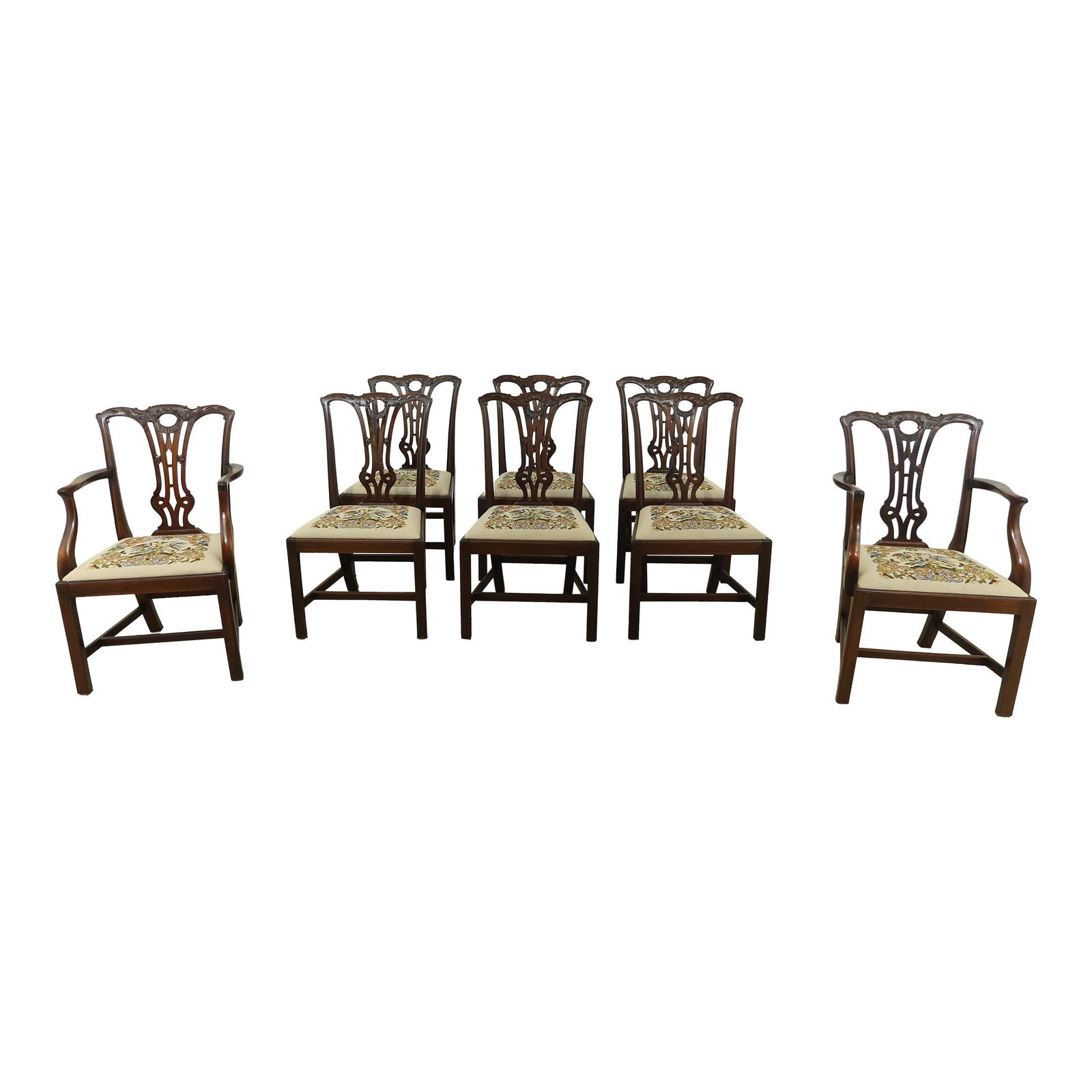 Set of 8 Chippendale Style Antique Mahogany Dining Chairs: Set of 8 Chippendale Style Antique Mahogany Dining Chairs This exquisite set of 8 antique English dining room chairs features solid mahogany construction, showcasing a beautiful vintage finish and pat