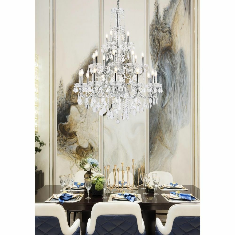 St Francis 24 Light Chrome Crystal Chandelier 49 Inch: St Francis 24 Light Chrome Crystal Chandelier 49 Inch This elegant chandelier features a polished chrome finish and is adorned with beautiful clear French pendant crystals and Royal Cut crystals. Desi