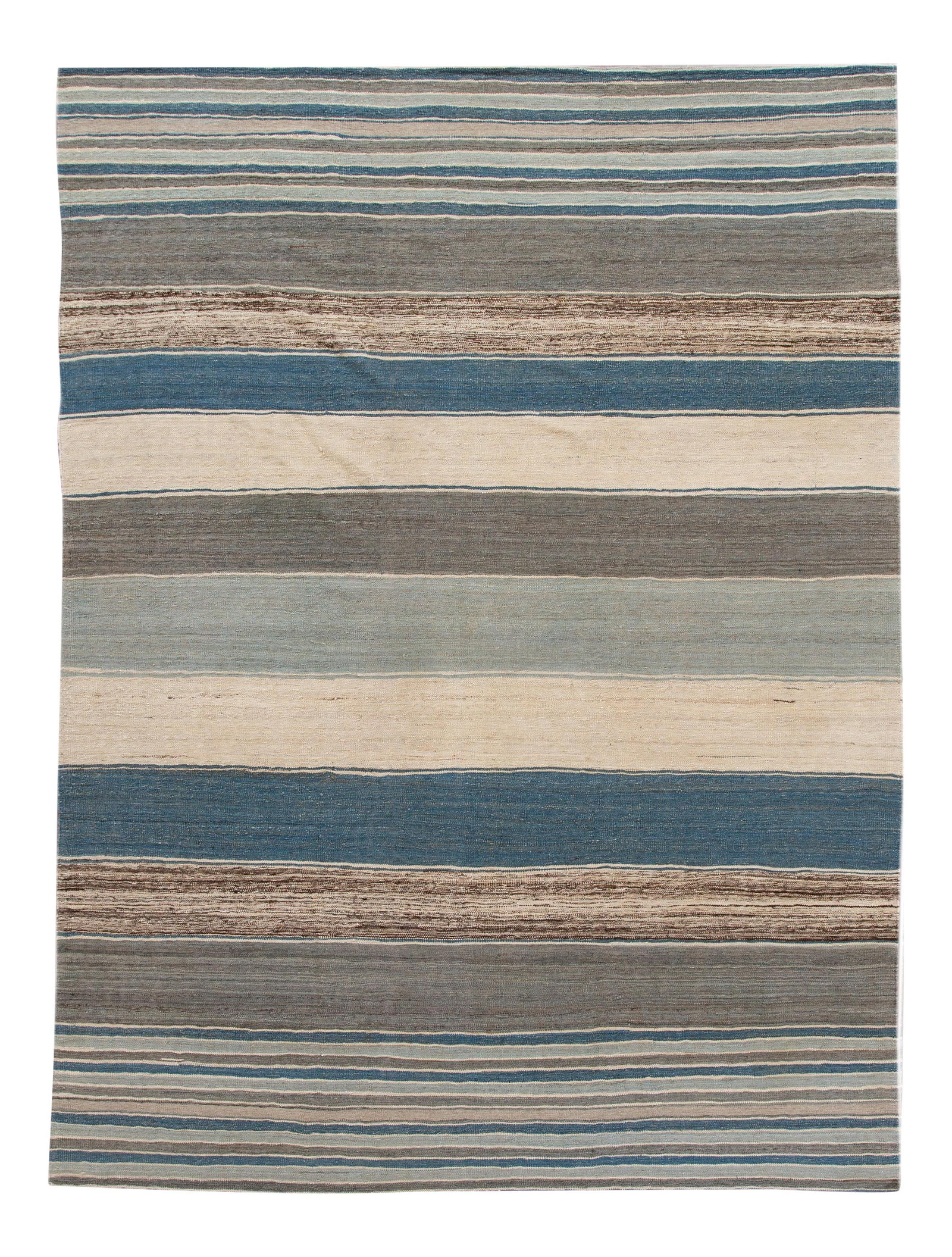 Modern Hand-Knotted Kilim Wool Rug 9' x 11' 11' Striped Design: Modern Hand-Knotted Kilim Wool Rug 9' x 11' 11' Striped Design Enhance your living space with this stunning Modern Kilim hand-knotted wool rug. Featuring a serene color palette of blue, beige, and bro