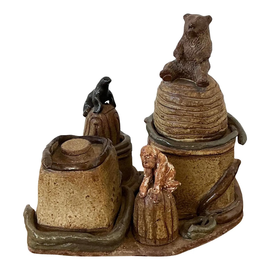 Multi Piece Stoneware Circus Animal Sculpture Group: Multi Piece Stoneware Circus Animal Sculpture Group This vintage artisan studio pottery set from the 1970s features a whimsical circus theme, with hand-modeled animal forms including a seated bear, a 