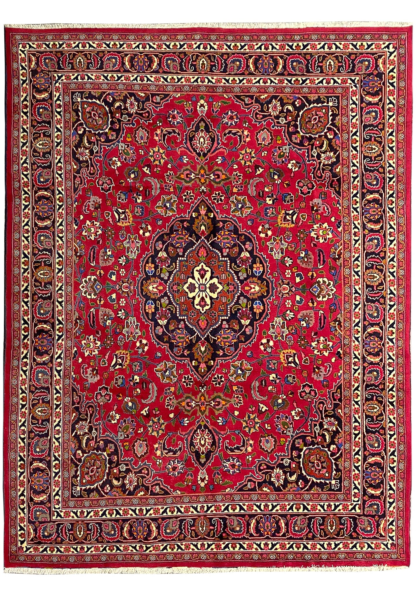 9.6 x 13 Persian Mashad Rug Iran Hand Knotted Wool: 9.6 x 13 Persian Mashad Rug Iran Hand Knotted Wool Free continental US Shipping This Persian Mashad rug from Iran features a classic traditional design with a central medallion and floral motifs. It i