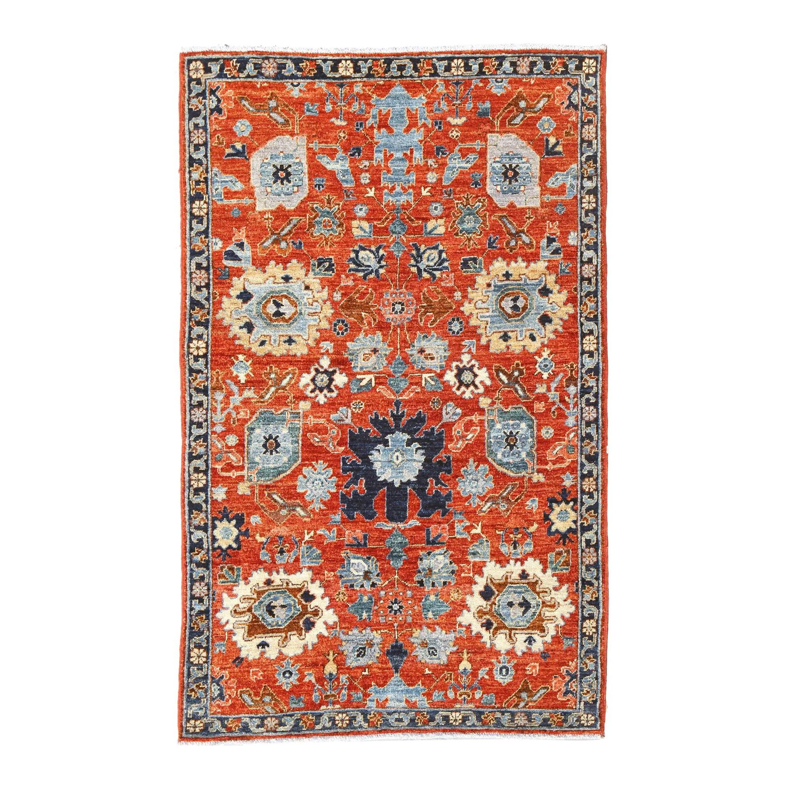 Modern Transitional Wool Rug with Rust Floral Design 3 x 4'10: Modern Transitional Wool Rug with Rust Floral Design 3 x 4'10 Enhance your living space with this modern transitional rug featuring a stunning floral design in vibrant blue and goldenrod colors, set a
