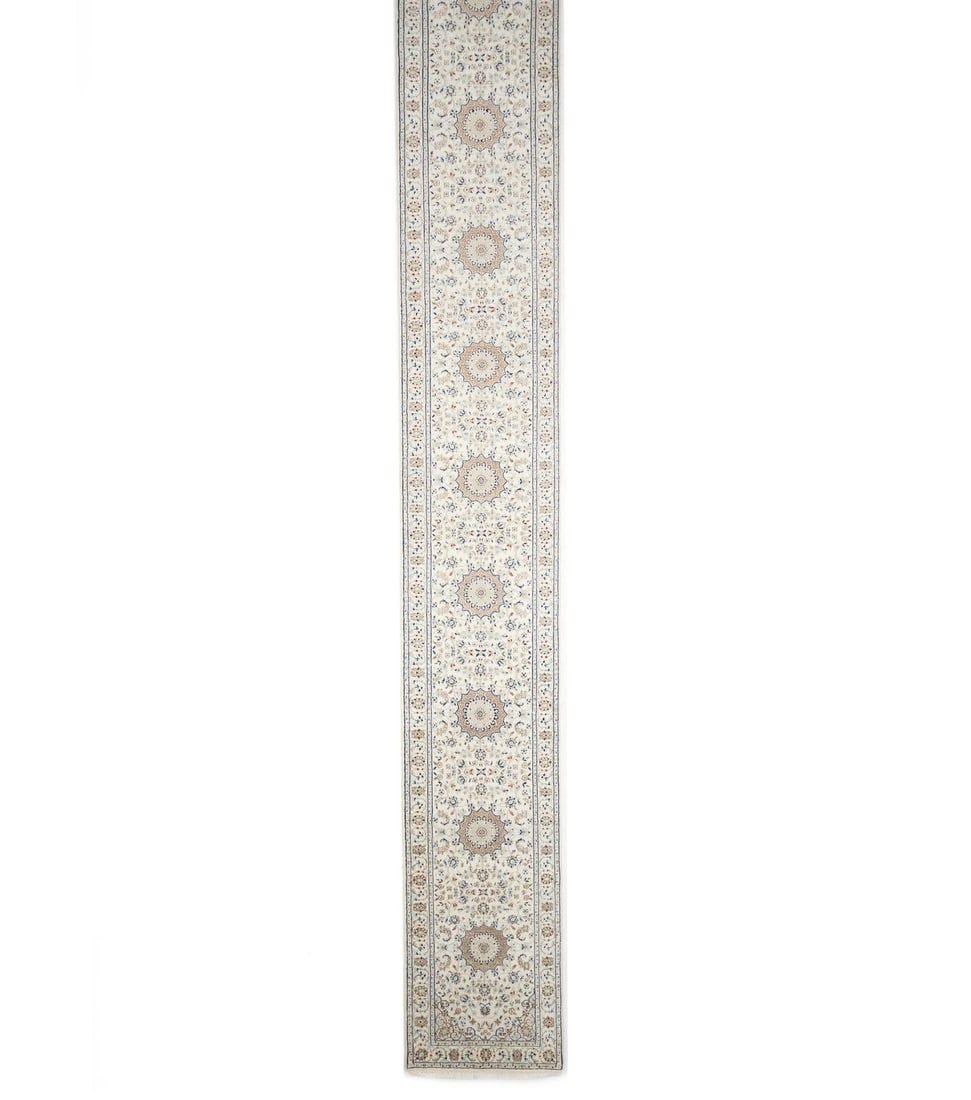 Handmade Wool Indo Nain Runner Rug 2'8 x 19'11: Handmade Wool Indo Nain Runner Rug 2'8 x 19'11 This handmade Indo-Nain Oriental runner rug is crafted from high-quality wool and features a hand-knotted weave. Measuring 2'8" x 19'11", it showcases a 