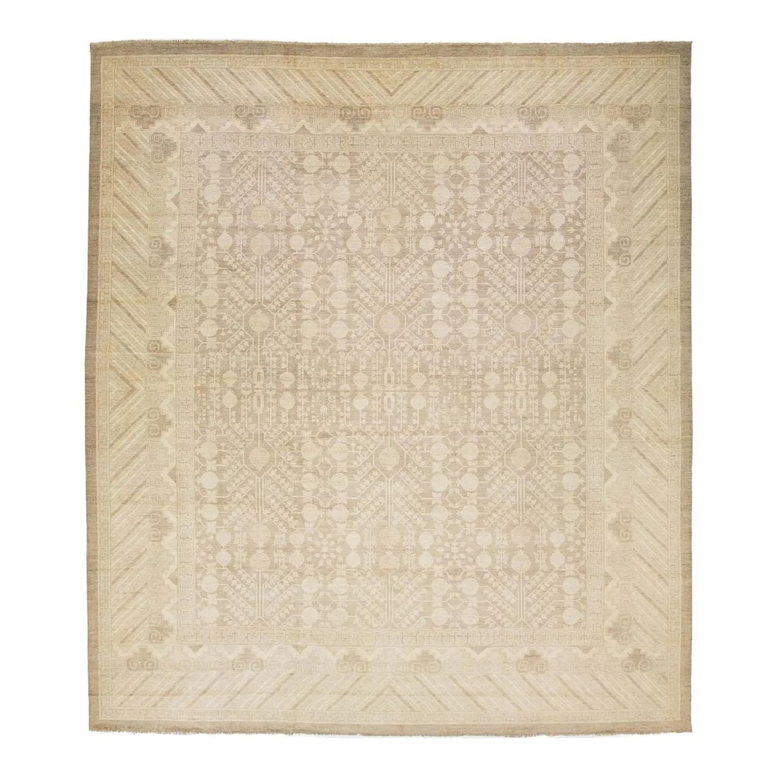 Modern Wool Rug in Khotan Style with Pomegranate Motifs 17'6 x 20'1: Modern Wool Rug in Khotan Style with Pomegranate Motifs 17'6 x 20'1 This hand-knotted wool rug features a modern Khotan style with pomegranate and Tree of Life motifs in a low-contrast, neutral earth 