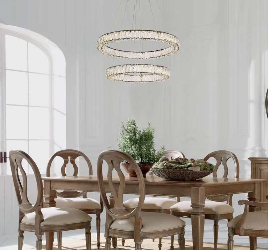 Monroe Black Crystal LED Chandelier 31.5 Inch Round: Monroe Black Crystal LED Chandelier 31.5 Inch Round This modern black chandelier features a sleek stainless steel frame adorned with royal cut clear crystals, creating a striking halo effect. Designed