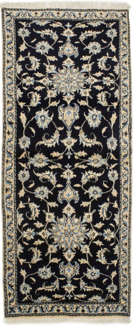 Hand-Knotted Wool Nain Floral Runner Rug 2'7 x 6'2 Navy Beige: Hand-Knotted Wool Nain Floral Runner Rug 2'7 x 6'2 Navy Beige Enhance your living space with this exquisite Handmade Wool Nain Runner Rug, showcasing a classic floral pattern in elegant navy, cream, b