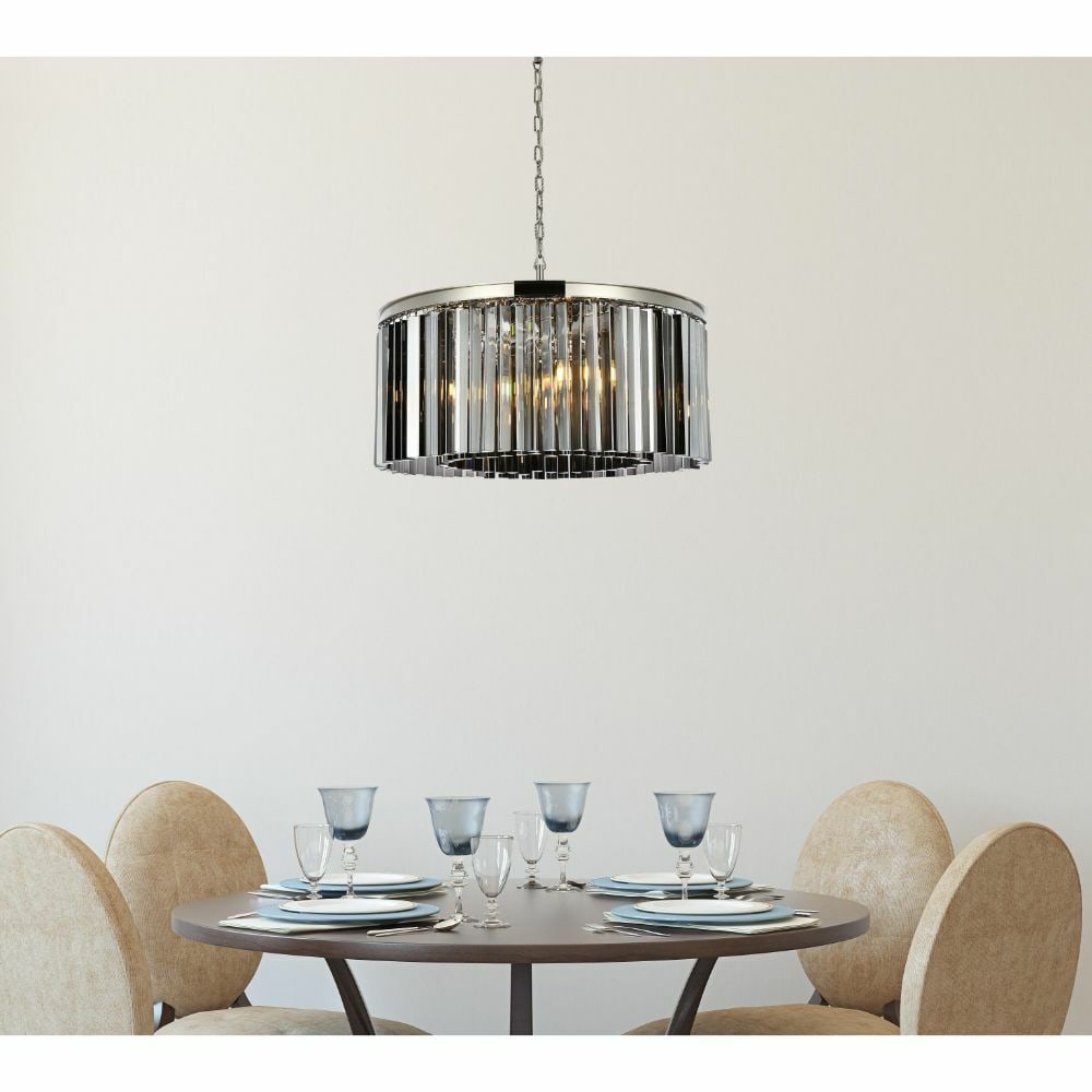Sydney 8-Light Crystal Chandelier Polished Nickel 31.5 in: Sydney 8-Light Crystal Chandelier Polished Nickel 31.5 in Modern 8-light crystal chandelier with a polished nickel finish and silver shade crystals. It features a hardwired design, adjustable height, 