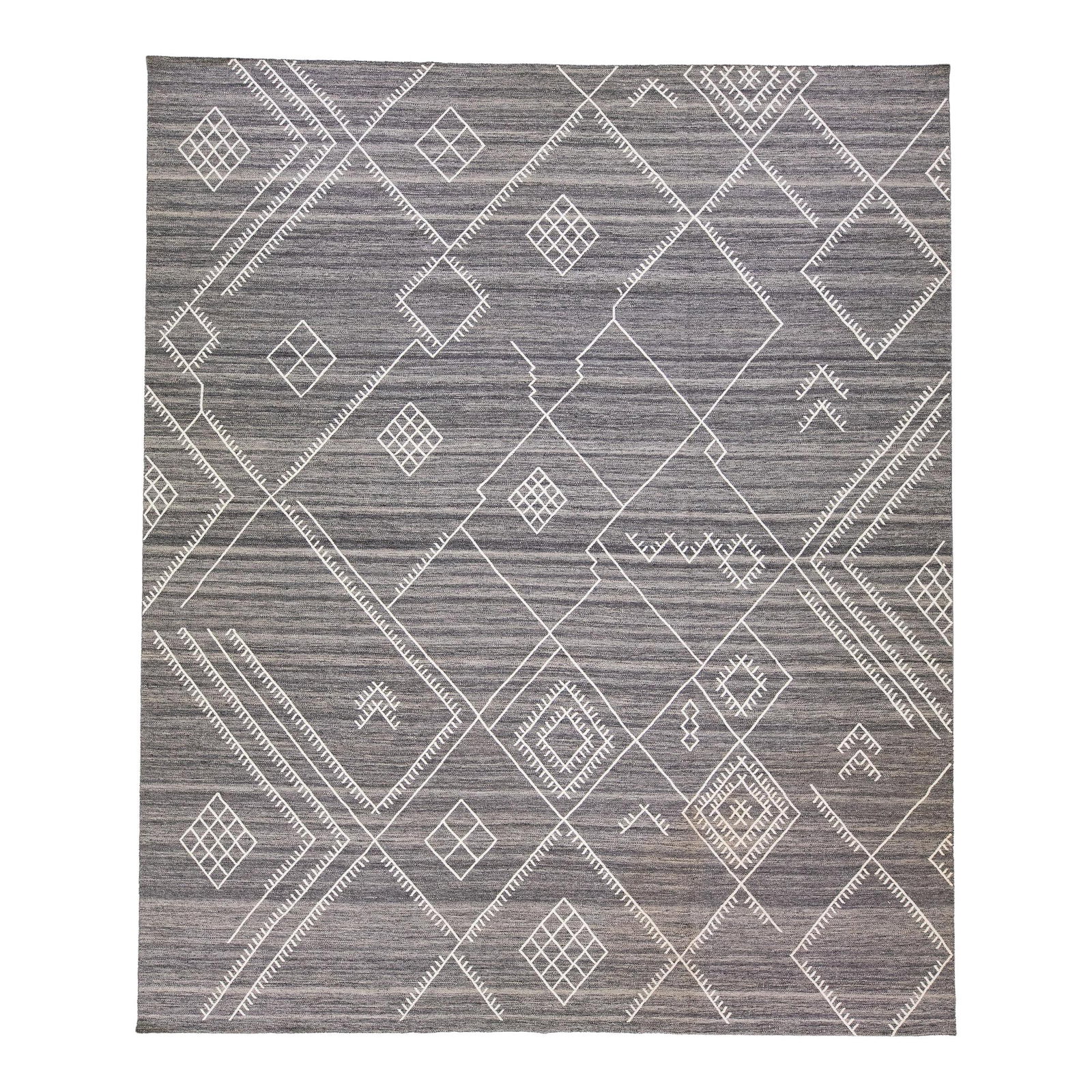 Oversize Wool Kilim Rug with White Geometric Design: Oversize Wool Kilim Rug with White Geometric Design Enhance your living space with this stunning oversized flatweave kilim wool rug from the Nantucket collection. Featuring a stylish gray field adorne