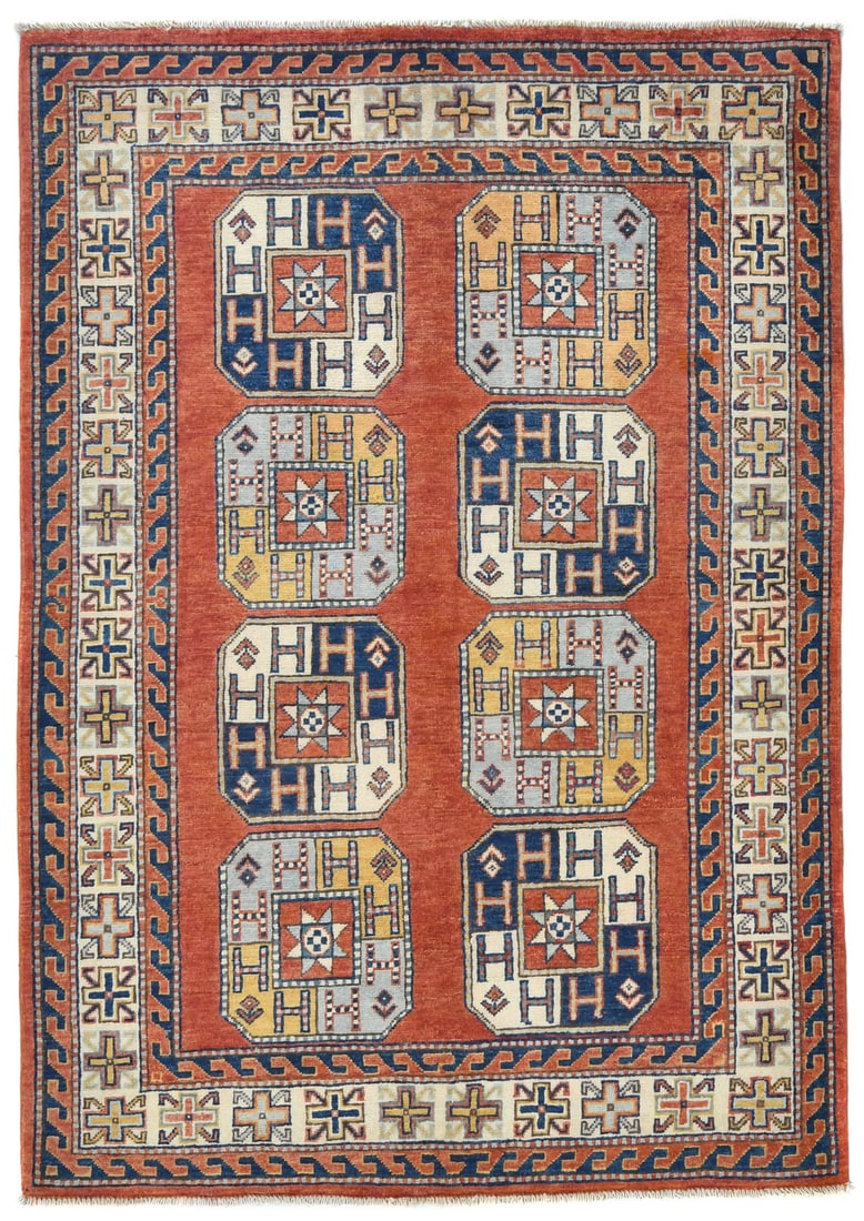 Handmade Kazak Oushak 4'1 x 5'9 Geometric Wool Area Rug: Handmade Kazak Oushak 4'1 x 5'9 Geometric Wool Area Rug Elevate your space with this stunning Handmade Kazak Oushak Rug, showcasing a modern geometric pattern in vibrant hues of dark orange, cream, li