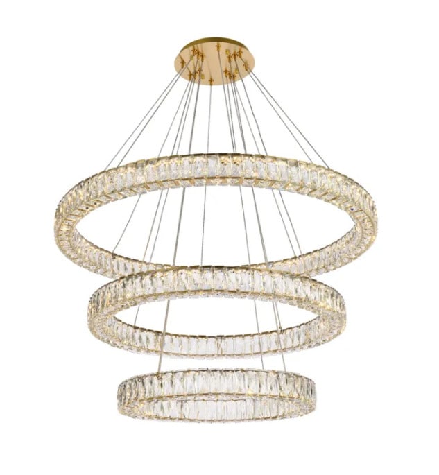 41 in Monroe LED Crystal Chandelier Gold Finish Round Fixture: 41 in Monroe LED Crystal Chandelier Gold Finish Round Fixture Modern gold-finish chandelier with a large 41 in. x 41 in. profile and adjustable height. It features clear royal-cut crystals, a stainles
