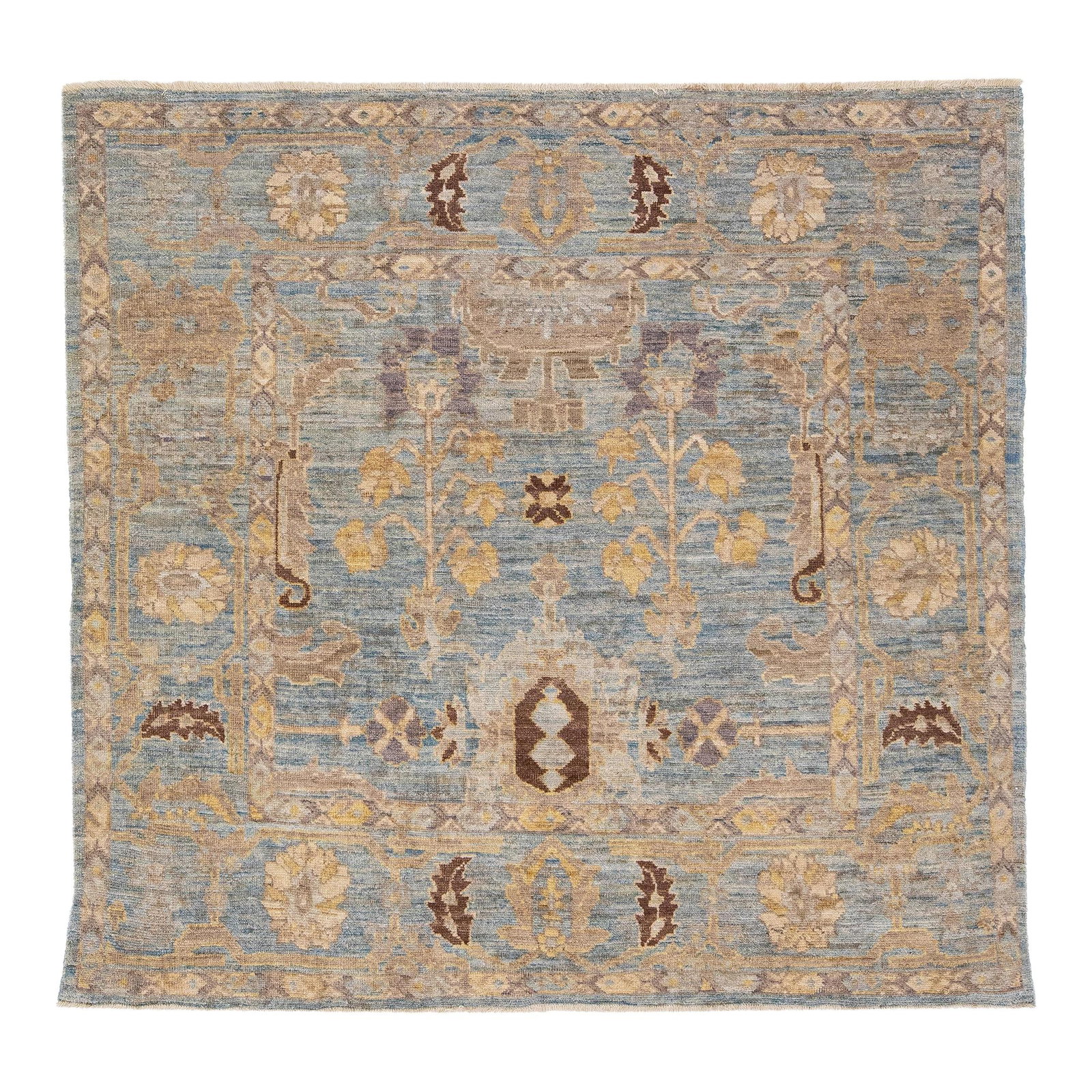 Handmade Blue Floral Sultanabad Wool Rug 6' x 6'3: Handmade Blue Floral Sultanabad Wool Rug 6' x 6'3 This exquisite modern Sultanabad rug showcases a stunning hand-knotted wool construction, featuring a vibrant blue color field. Adorned with a beautif