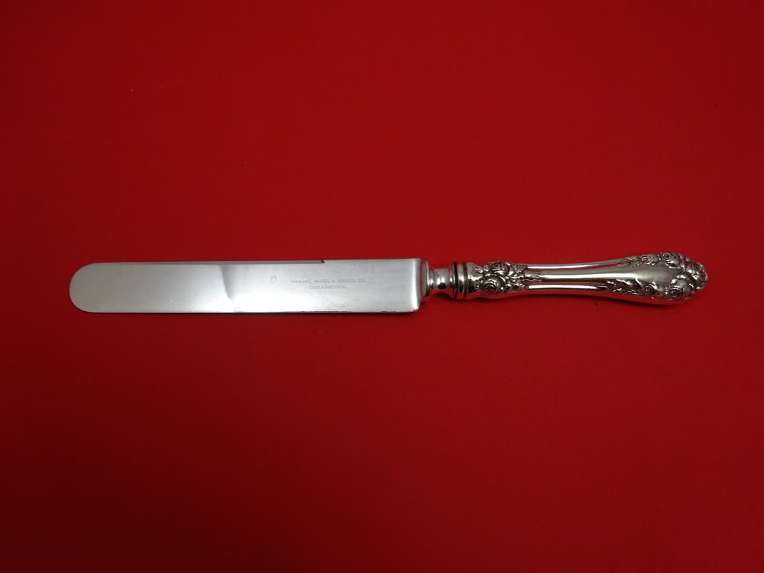 Wallace Rose Sterling Silver Dinner Knife Blunt 9 5/8 Inch: Wallace Rose Sterling Silver Dinner Knife Blunt 9 5/8 Inch This exquisite dinner knife features the elegant 'Rose' pattern by Wallace, crafted from high-quality sterling silver. The knife measures 9 5