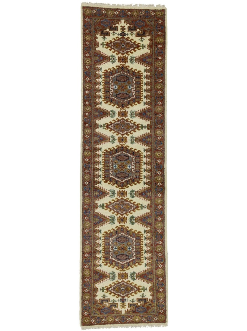 3x10 Handmade Wool Tribal Geometric Runner Rug from India: 3x10 Handmade Wool Tribal Geometric Runner Rug from India Enhance your living space with this stunning 3X10 Handmade Indo-Viss Runner Rug. Crafted in India, this exquisite rug features a modern tribal