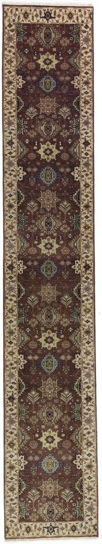 Hand Knotted Wool Indo Karajeh 2'5 x 13'9 Geometric Runner: Hand Knotted Wool Indo Karajeh 2'5 x 13'9 Geometric Runner This hand-knotted Indo-Karajeh oriental runner rug features a geometric pattern in a palette of rust, cream, green, gray, pastel yellow, and 
