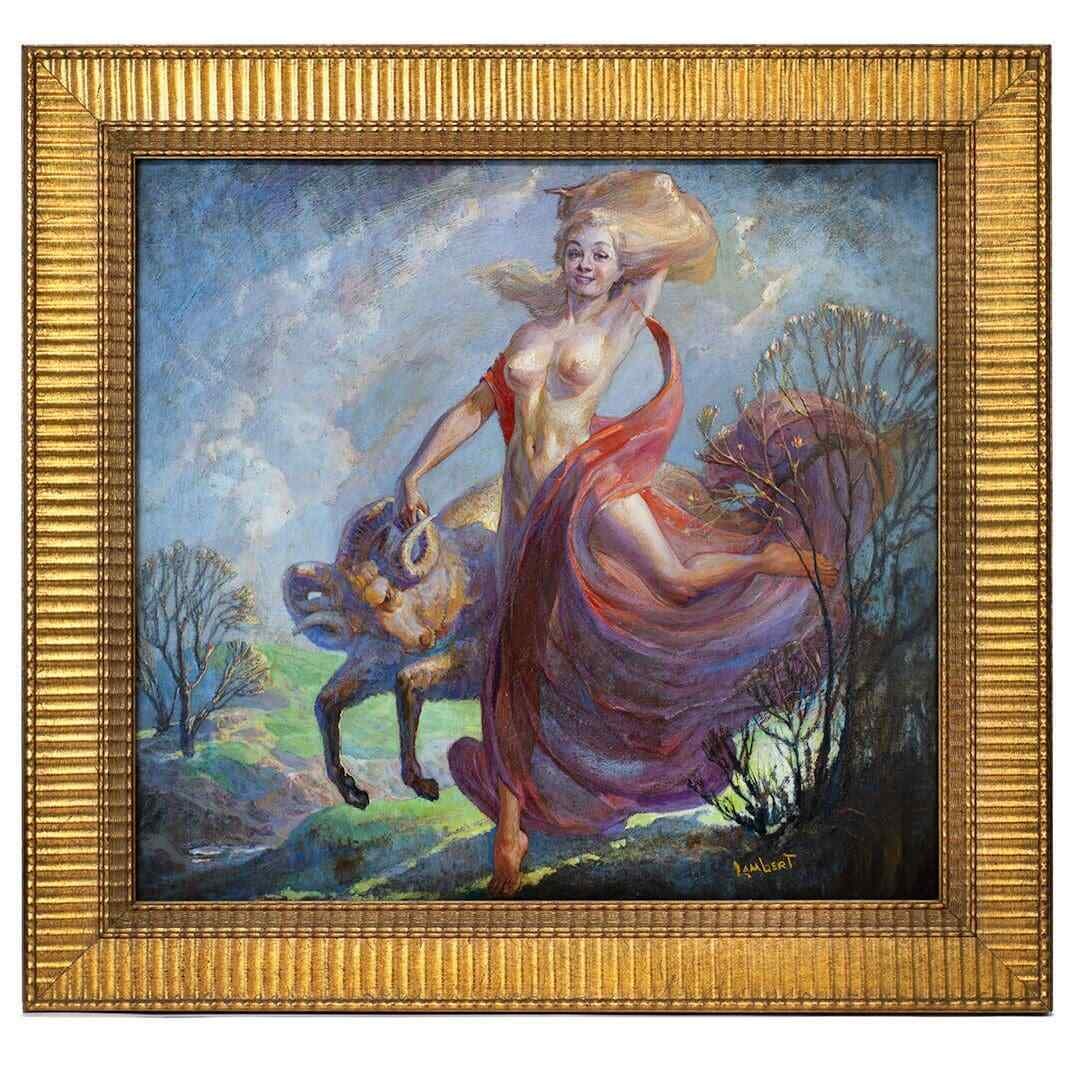 Framed signed 1950s nude painting Aries by Katharine Lambert and Peter Colby: Framed signed 1950s nude painting Aries by Katharine Lambert and Peter Colby This is an original painting titled "ARIES" by artists Katharine Lambert and Peter Colby, created in the United States duri