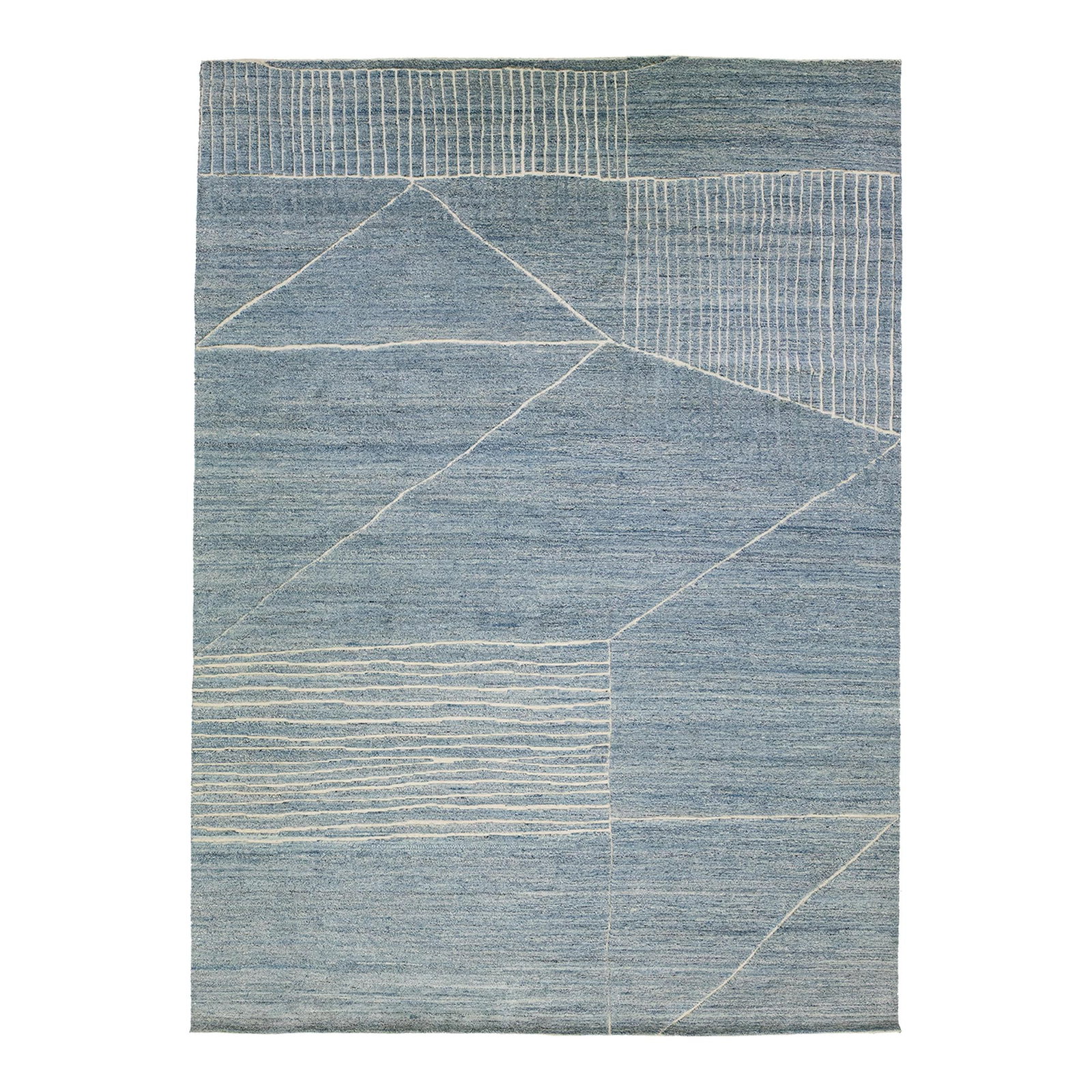 Handmade Moroccan Wool Rug with Blue Geometric Design: Handmade Moroccan Wool Rug with Blue Geometric Design Elevate your space with this exquisite handmade Moroccan style wool rug, showcasing a striking geometric pattern in rich blue tones. The contempor