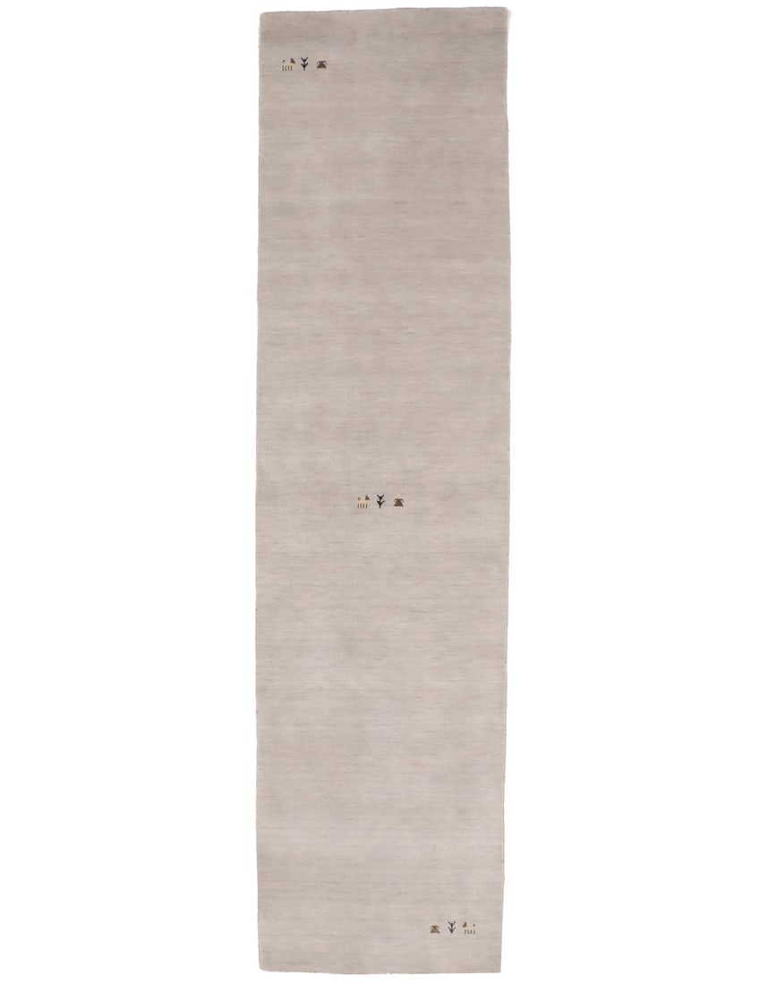 Handmade Wool Gabbeh Runner 2'6 x 9'11 Greige Tribal Modern: Handmade Wool Gabbeh Runner 2'6 x 9'11 Greige Tribal Modern This is a pre-owned, handmade Gabbeh modern runner rug featuring a greige color and tribal-style pictorial pattern. Crafted from wool with a
