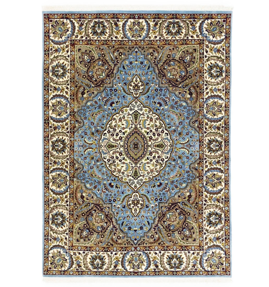 Wool Area Rug Floral Medallion Hand-Knotted Kirman Style 5'6 x 7'9 Blue Cream: Wool Area Rug Floral Medallion Hand-Knotted Kirman Style 5'6 x 7'9 Blue Cream This hand-knotted Kirman Oriental rug features a striking blue, cream, brown, beige, and green floral medallion pattern.
