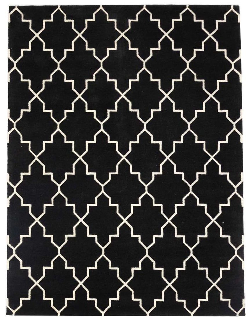 Modern Black Hand-Tufted Wool Area Rug 7'10 x 10'6 Trellis Pattern: Modern Black Hand-Tufted Wool Area Rug 7'10 x 10'6 Trellis Pattern This modern area rug features a black trellis pattern and is hand-tufted from wool, offering a plush and comfortable surface. Its rec