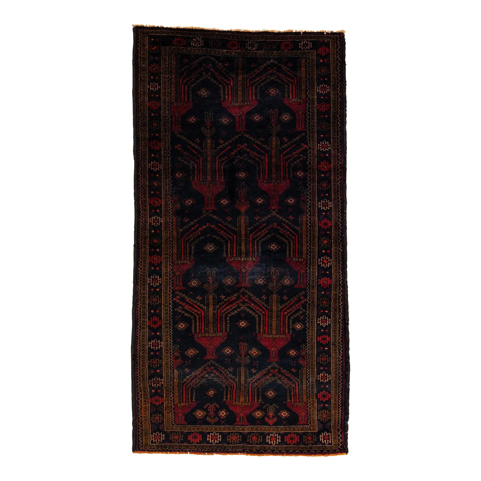 1960s Persian Shiraz Wool Rug Navy Blue Tribal Design 3'11 x 7'11: 1960s Persian Shiraz Wool Rug Navy Blue Tribal Design 3'11 x 7'11 Experience the beauty of this 1960s Handmade Tribal Persian Shiraz Wool Rug. Its striking navy blue field is beautifully complemented
